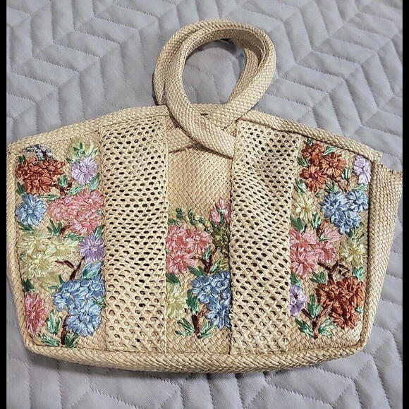 Vintage Woven Straw Raffia Purse Clutch Embroidered Flowers Handbag Boho - Picture 9 of 9